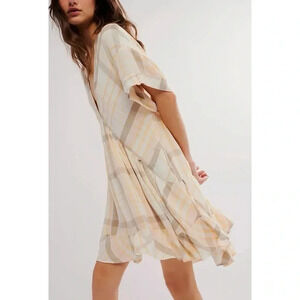 New Free People Agnes Plaid Mini Tunic Dress Short Sleeve Babydoll Size XS